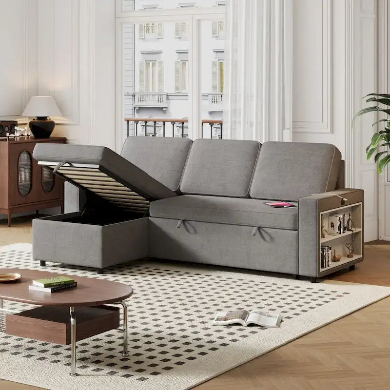 Canapé-lit gigogne Oaks Aura de 217,9 cm, Canapé d'angle avec port USB, Canapé-lit convertible avec étagères de rangement