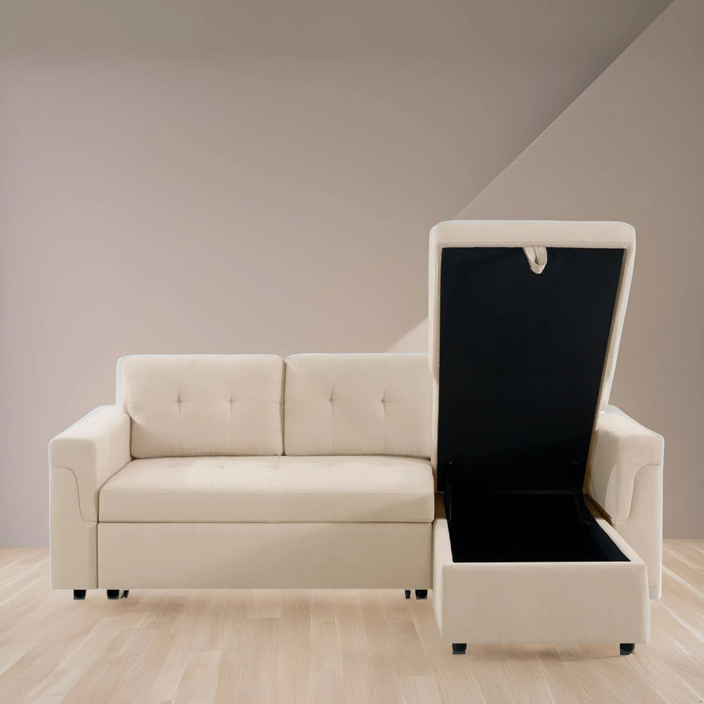 Canapé d'angle réversible convertible avec lit gigogne, méridienne avec rangement dissimulé et pieds durables
