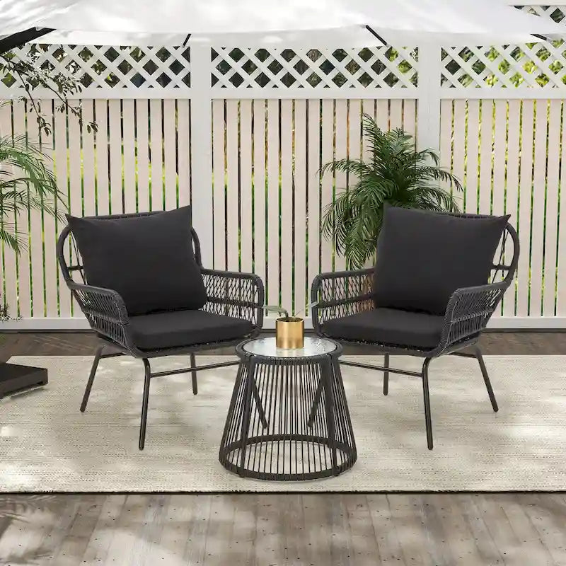 Ensemble de bistro 3 pièces pour terrasse, salon de jardin en rotin d'extérieur avec table en verre et 2 fauteuils larges, coussins d'assise