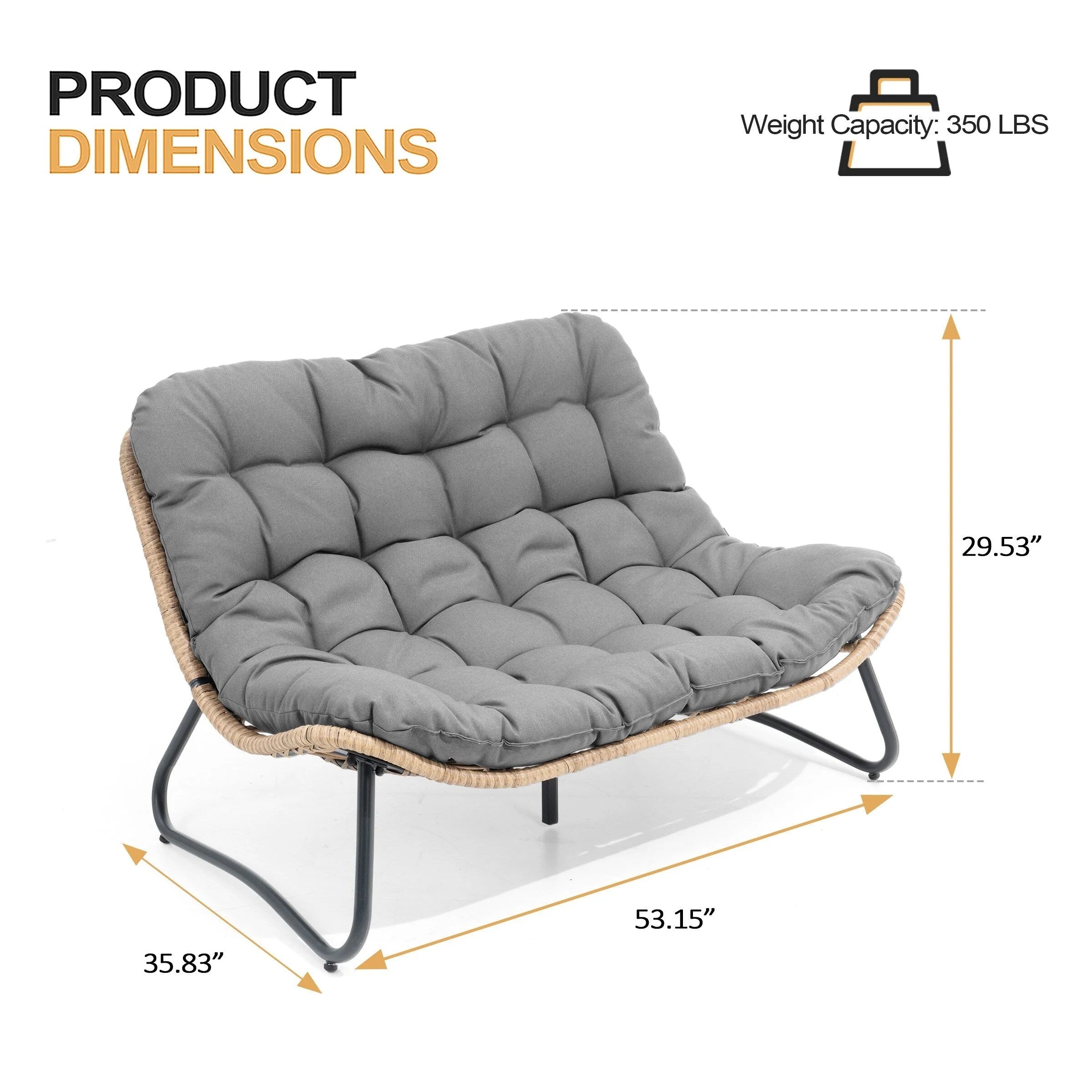 Fauteuil Double Papasan avec Coussin, en Rotin PE Résistant aux Intempéries et Cadre en Métal pour Intérieur et Extérieur