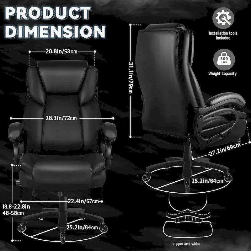 Chaise de bureau Bossin Big and Tall pour cadres, 227 kg, soutien lombaire réglable, chaise ergonomique avec dossier haut en cuir PU