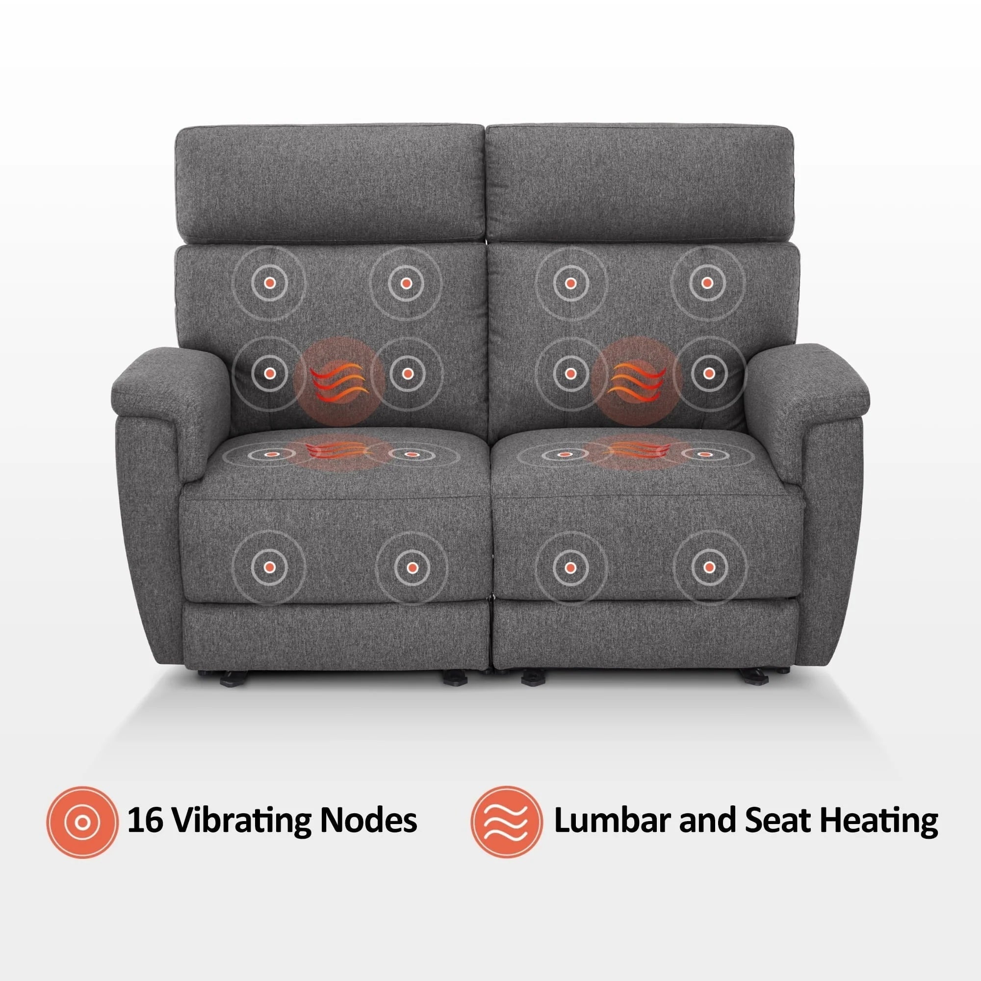Canapé inclinable électrique biplace MCombo 60.2 avec massage et double chauffage, appuie-tête réglable, ports USB et USB-C, en tissu