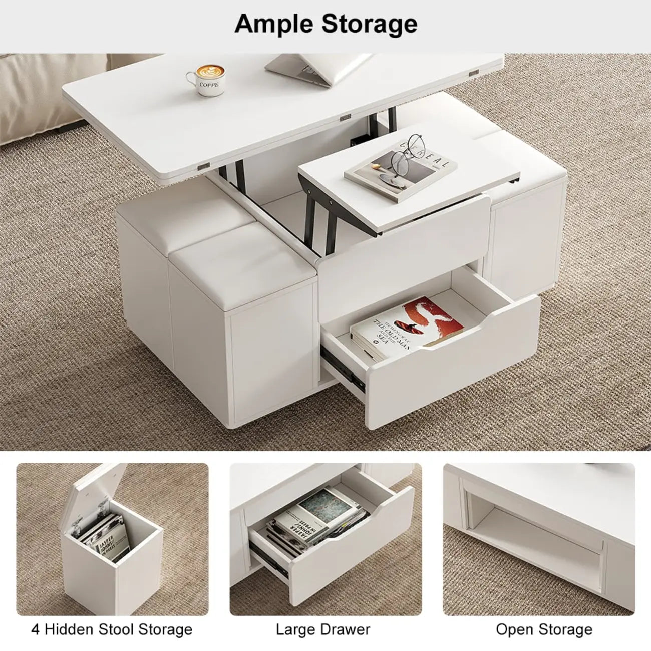 Table basse relevable et pliable avec 4 tabourets et rangement