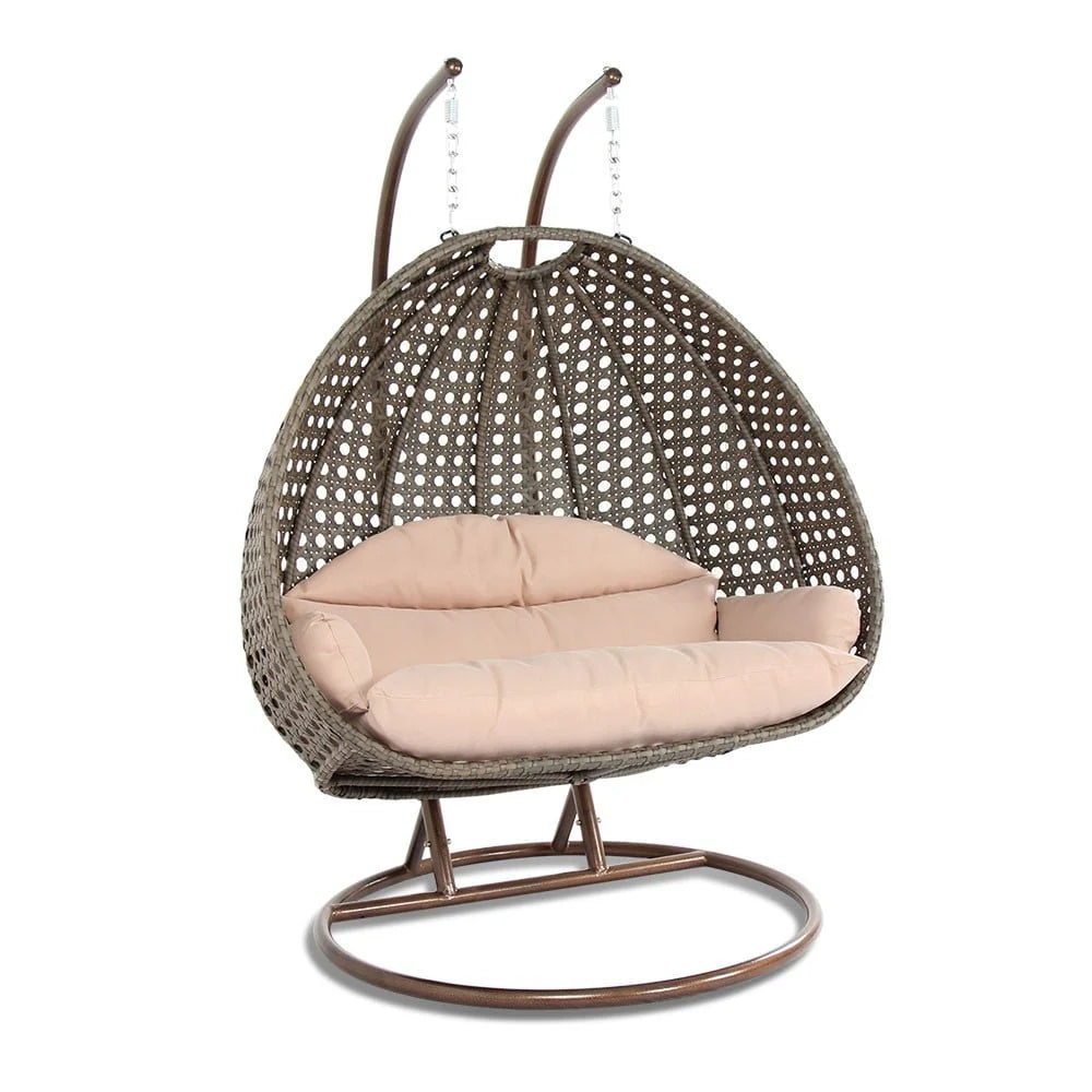 LeisureMod Fauteuil suspendu œuf 2 places avec support - Balançoire hamac de patio en rotin osier intérieur/extérieur avec coussins
