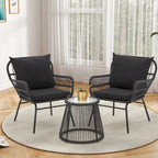Ensemble de bistro 3 pièces pour terrasse, salon de jardin en rotin d'extérieur avec table en verre et 2 fauteuils larges, coussins d'assise