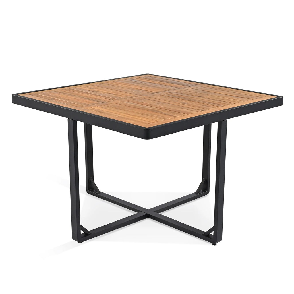 Ensemble de salle à manger de patio en bois d'acacia de 18 pièces, 8 chaises coussinées et 8 poufs et 2 tables carrées
