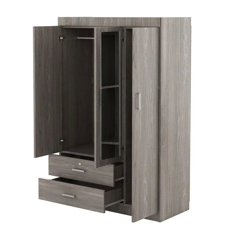 Armoire-penderie 3 portes avec miroir, étagères et 2 tiroirs