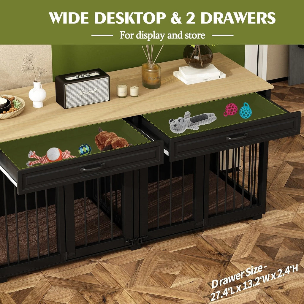 Meuble Niche Double pour Chiens en Bois avec 2 Tiroirs et Séparateur