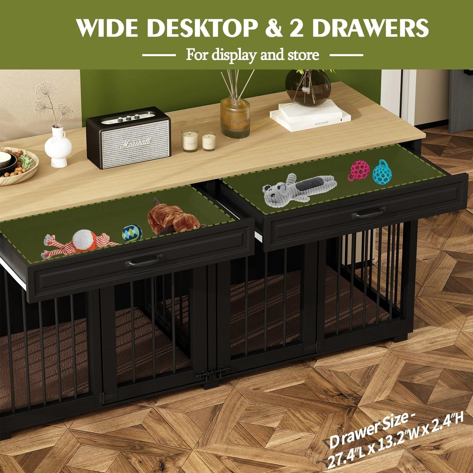 Meuble Niche Double pour Chiens en Bois avec 2 Tiroirs et Séparateur