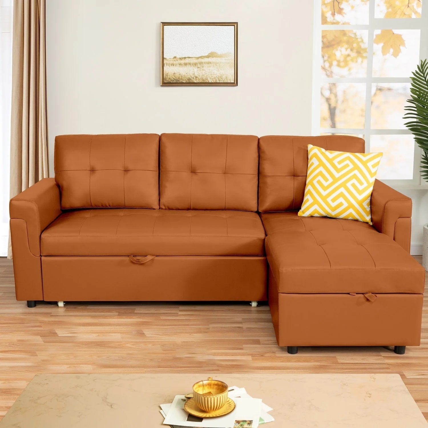 Canapé d'angle réversible convertible avec lit gigogne, méridienne avec rangement dissimulé et pieds durables