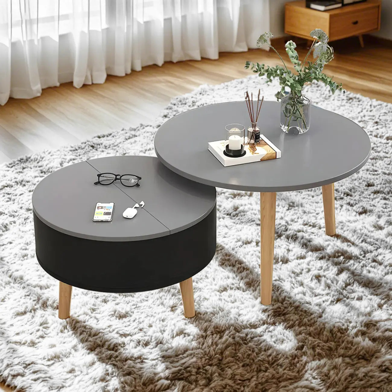 Table basse ronde en bois noir et blanc moderne avec rangement