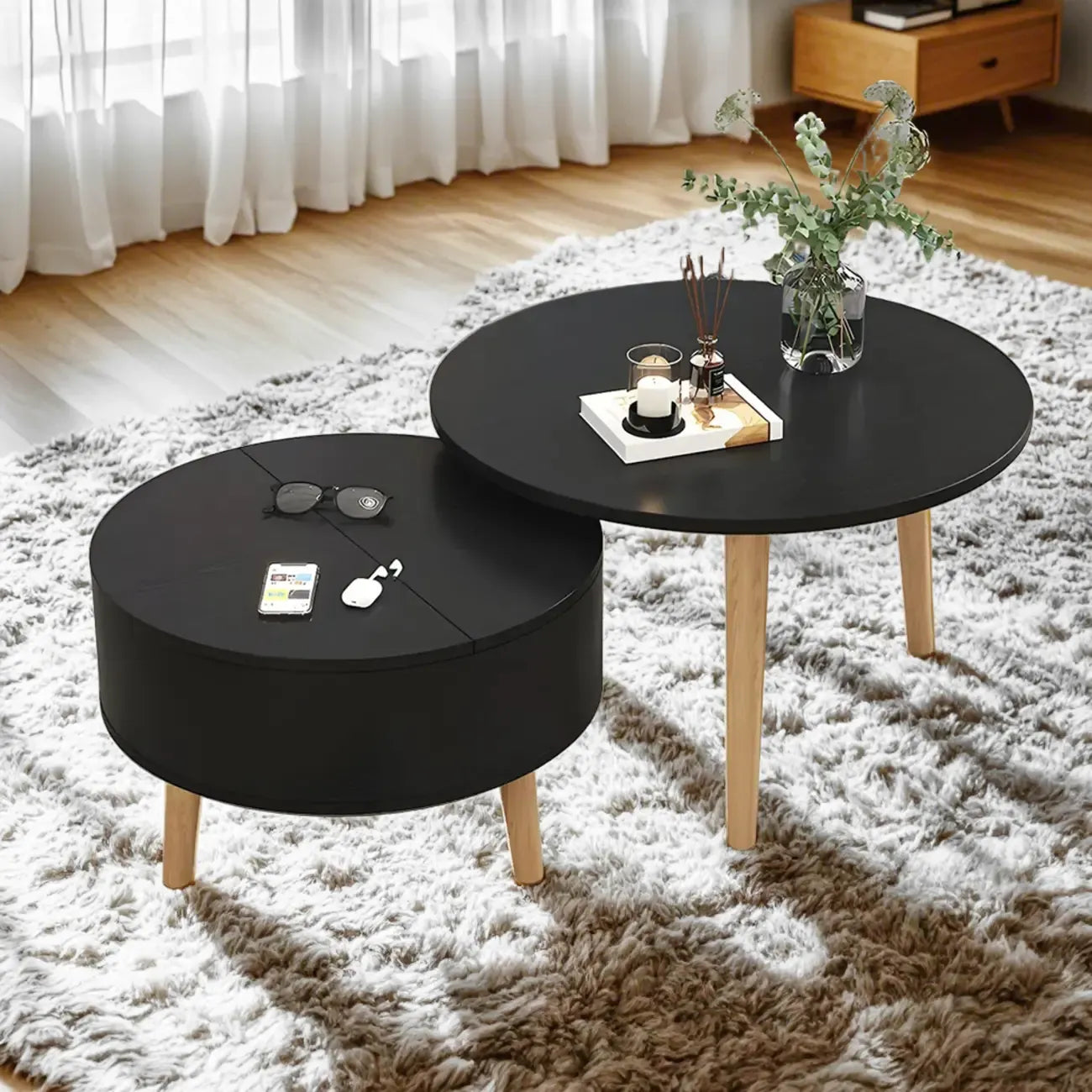 Table basse ronde en bois noir et blanc moderne avec rangement