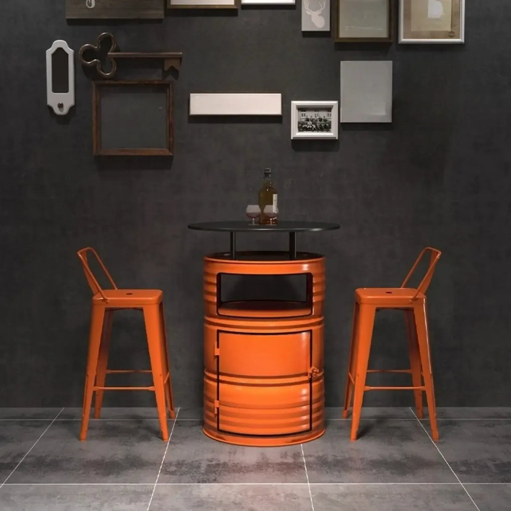 Tables de bar de rangement industrielles en métal noir et orange en forme de fût