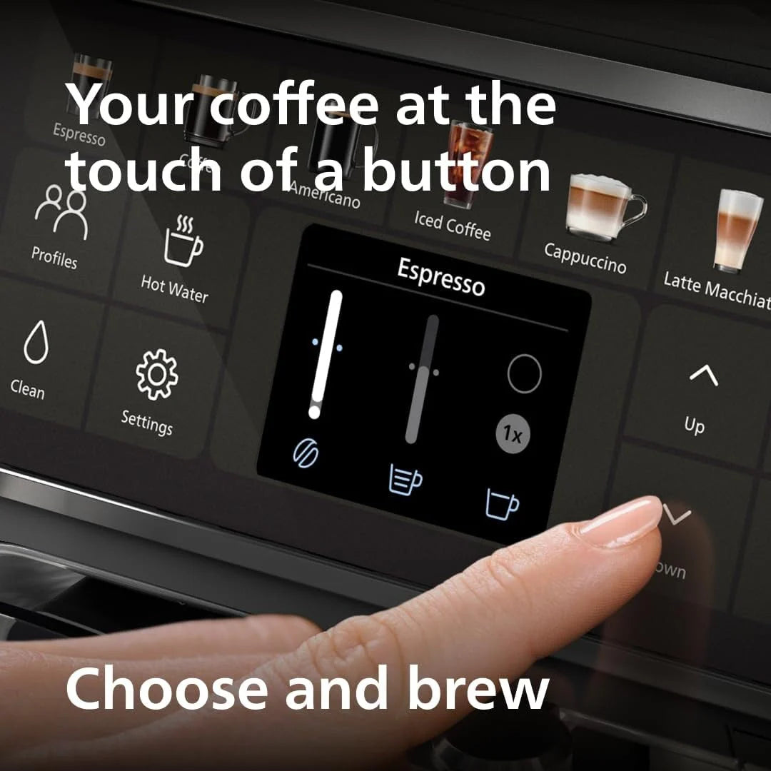 Machine à expresso haut de gamme, 12 cafés chauds/glacés, système LatteGo, moulin en céramique, chrome noir