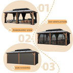 Tonnelle EROMMY à toit rigide, pergola extérieure avec double toit, moustiquaire et rideaux, auvent robuste pour patio, jardin, fête au bord de la piscine
