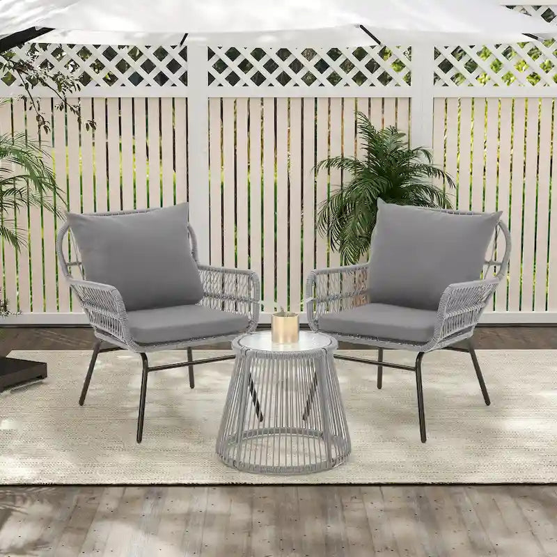 Ensemble de bistro 3 pièces pour terrasse, salon de jardin en rotin d'extérieur avec table en verre et 2 fauteuils larges, coussins d'assise