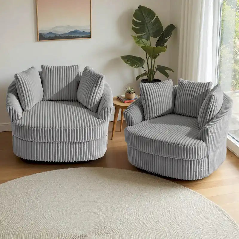 Lot de 2 fauteuils pivotants ronds surdimensionnés en velours côtelé moelleux de 43 po avec oreillers