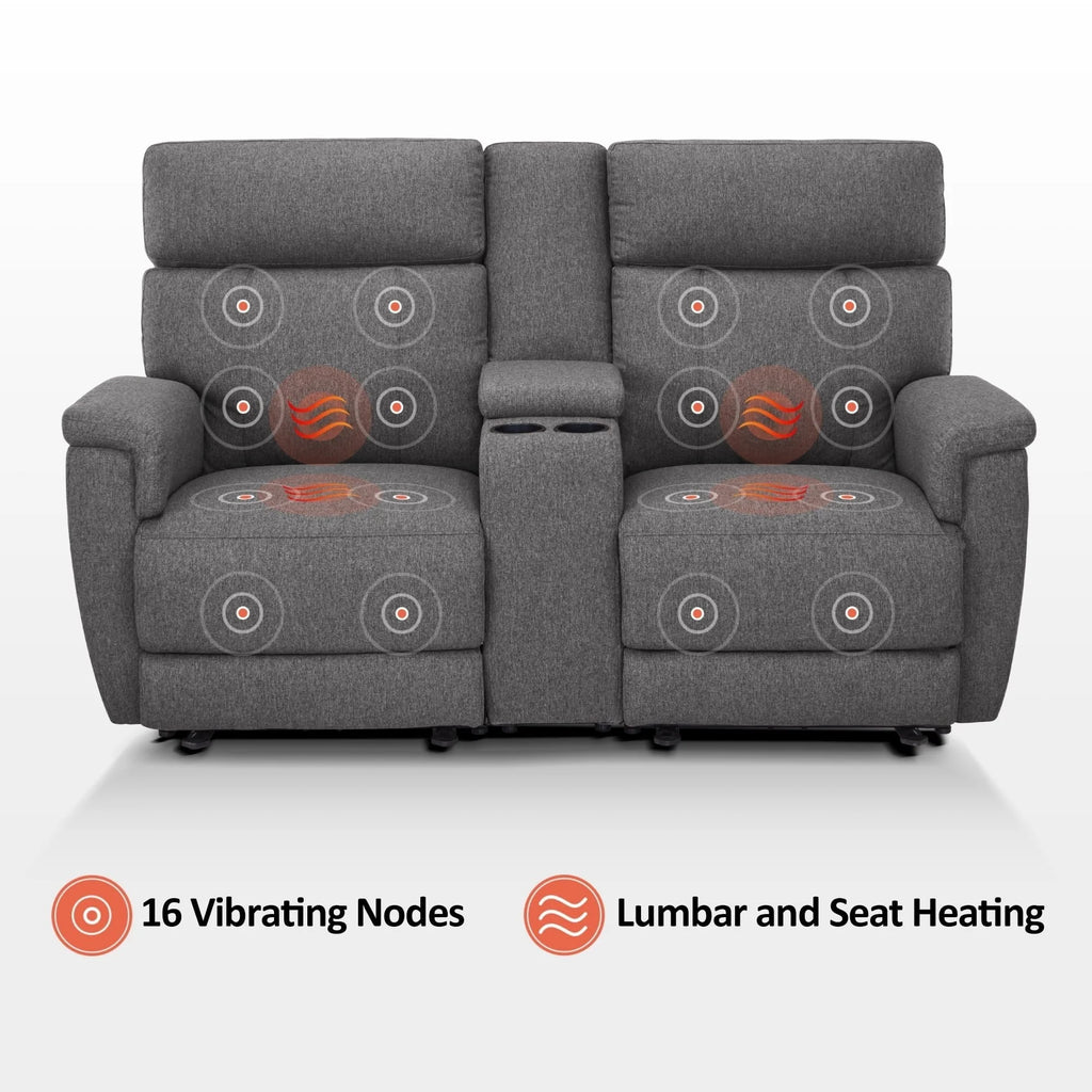 Canapé inclinable électrique biplace MCombo 60.2 avec massage et double chauffage, appuie-tête réglable, ports USB et USB-C, en tissu