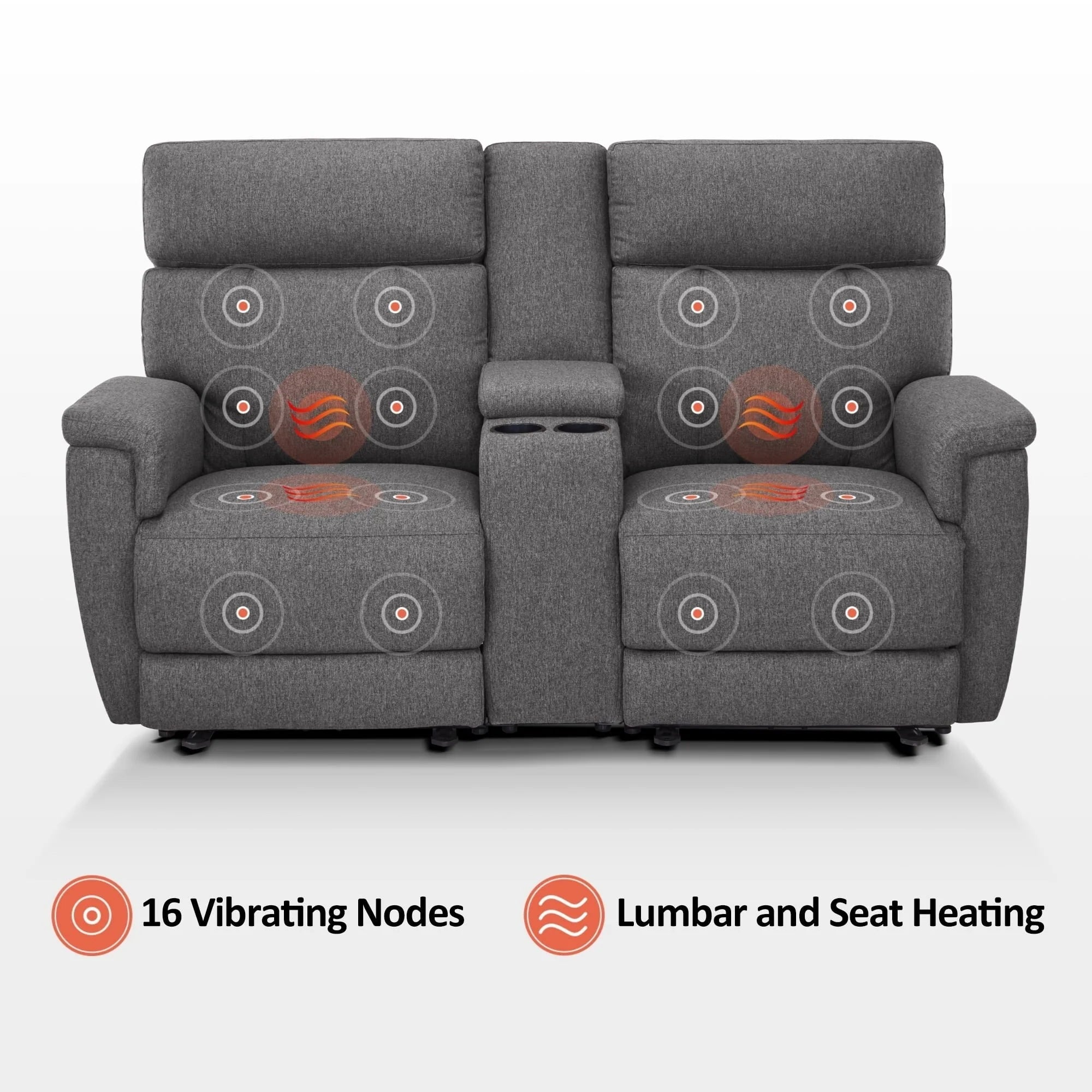 Canapé inclinable électrique biplace MCombo 60.2 avec massage et double chauffage, appuie-tête réglable, ports USB et USB-C, en tissu