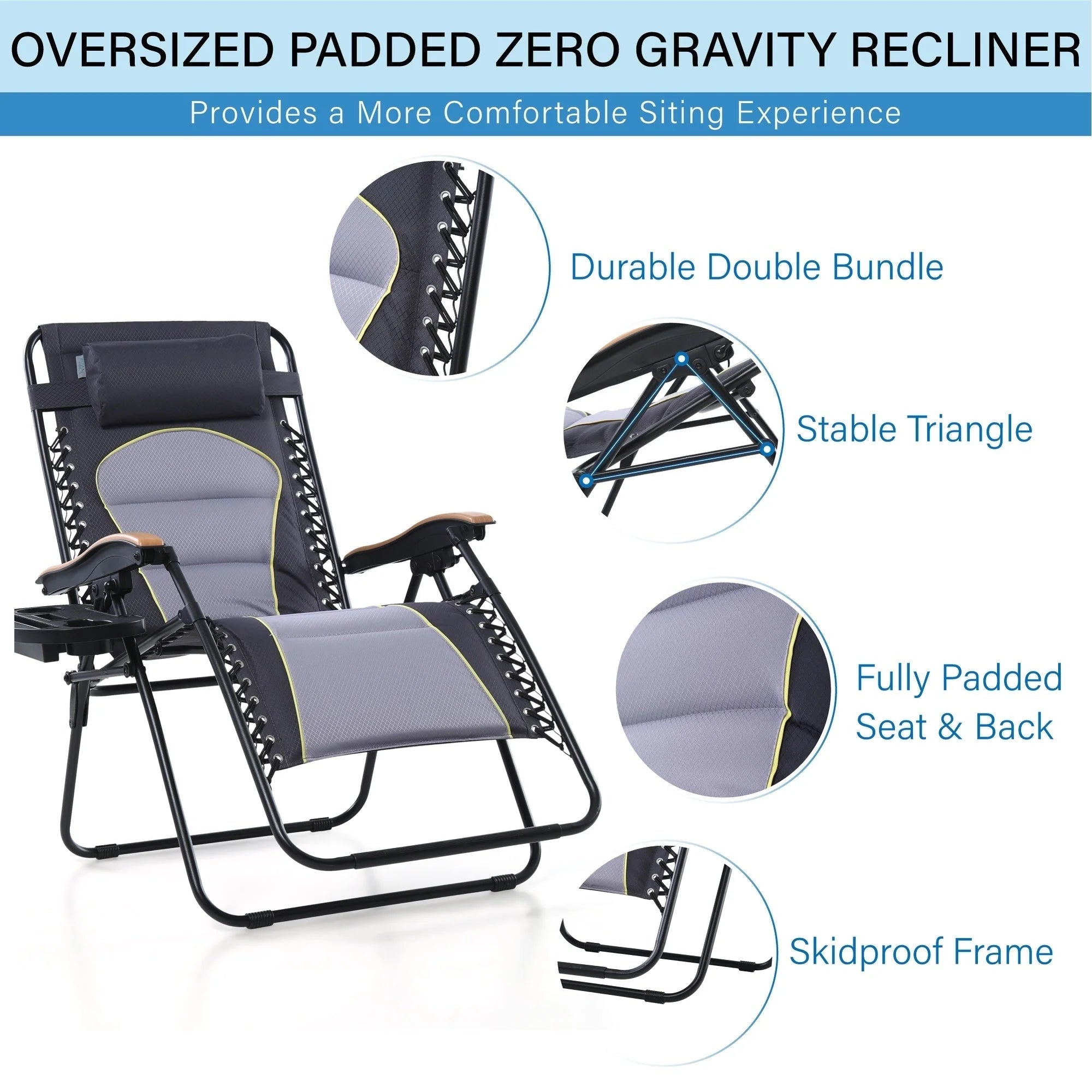 Fauteuil de relaxation zéro gravité XL surdimensionné et rembourré, avec accoudoirs plus larges, inclinable et porte-gobelet - N/A