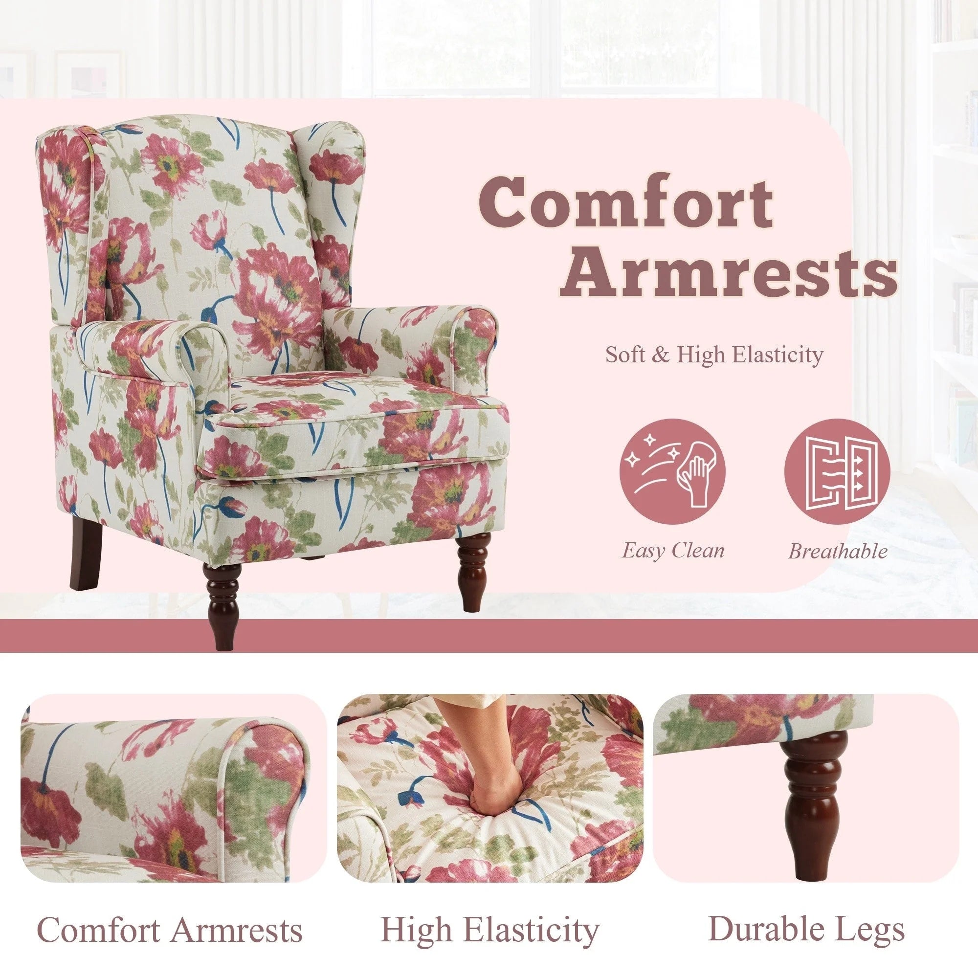 Fauteuil d'appoint moderne Erommy, fauteuil à dossier haut, canapé individuel en tissu capitonné avec pieds en bois pour salon