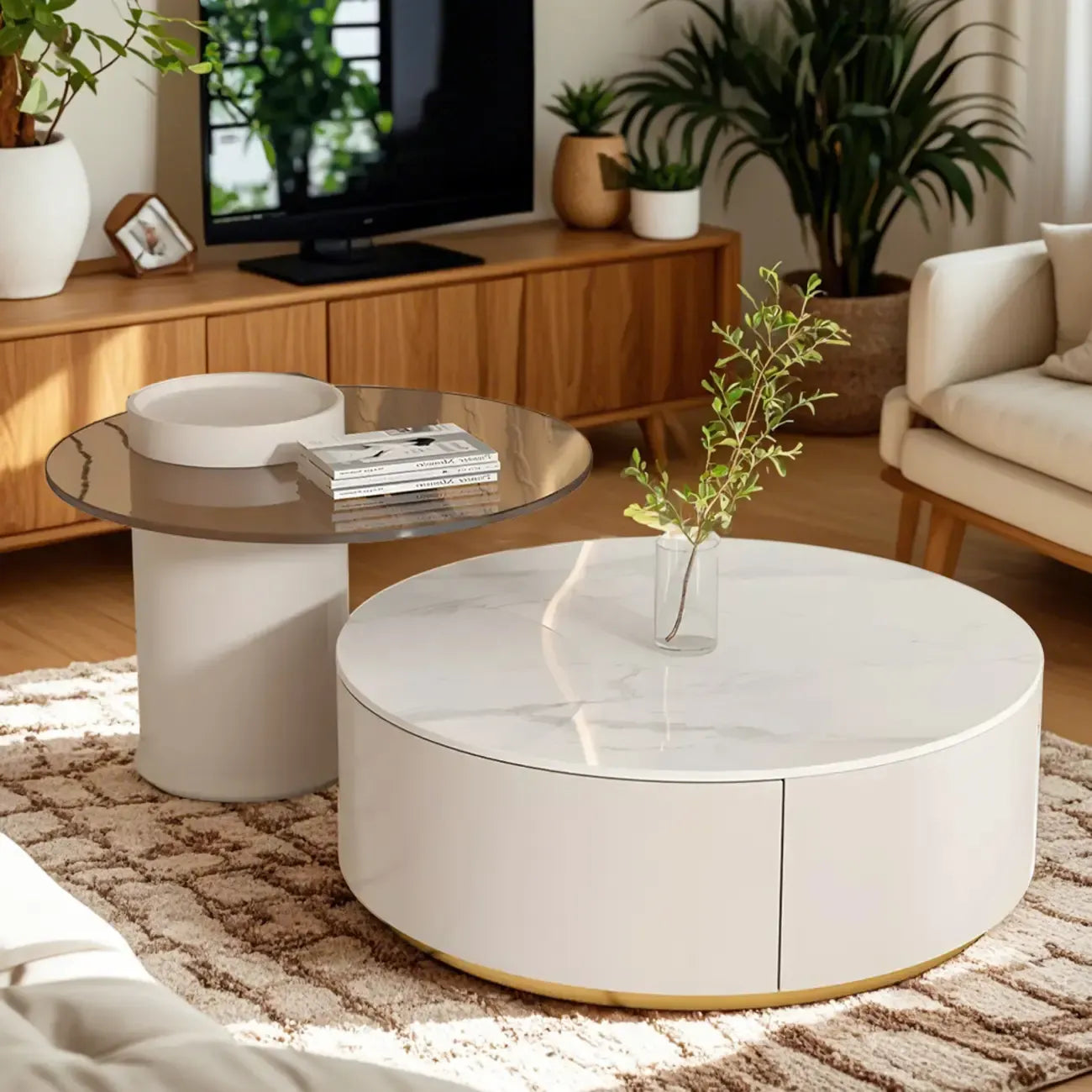 Table basse ronde moderne blanche avec tiroir en bois