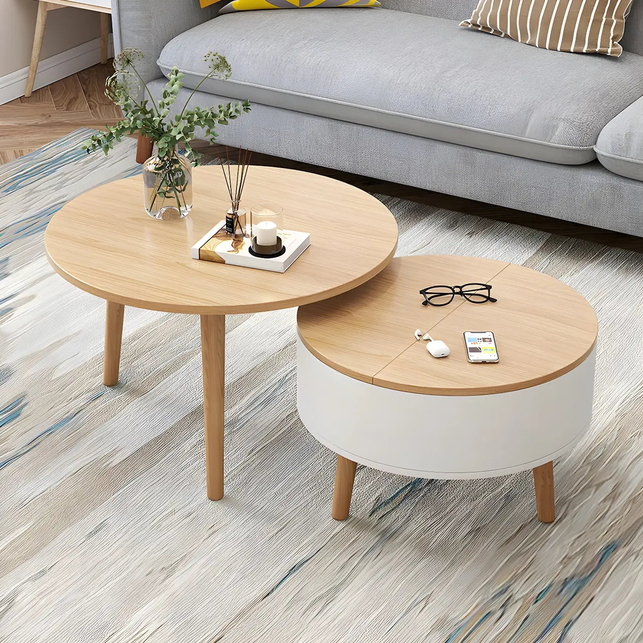 Table basse ronde en bois noir et blanc moderne avec rangement