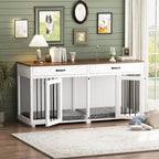 Meuble Niche Double pour Chiens en Bois avec 2 Tiroirs et Séparateur