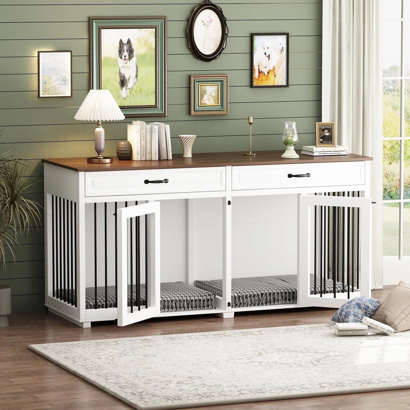Meuble Niche Double pour Chiens en Bois avec 2 Tiroirs et Séparateur