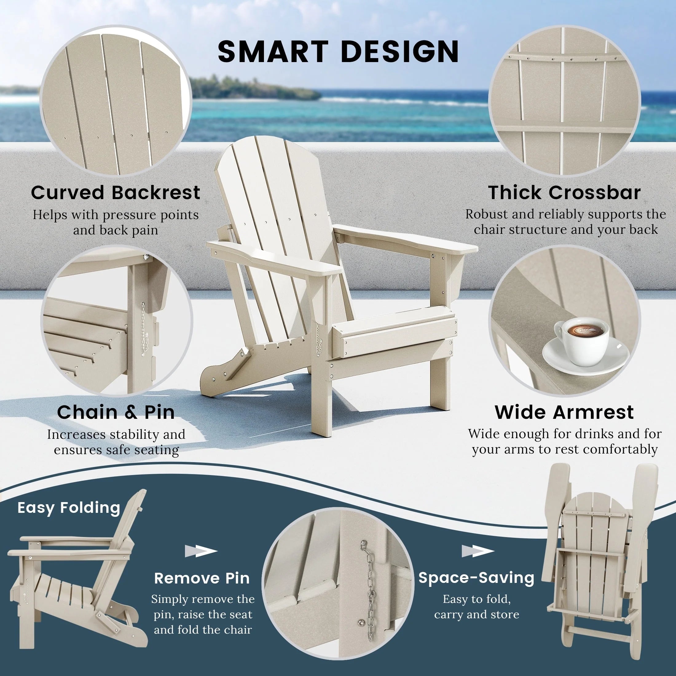 Chaise Adirondack pliante de patio d'extérieur tout temps résistante à la décoloration Polytrends Laguna
