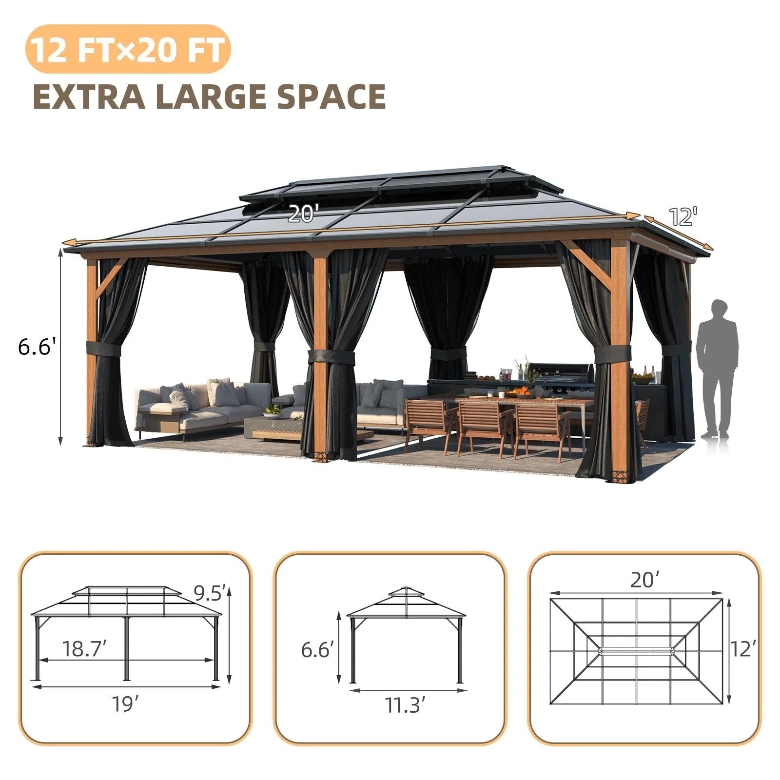 Tonnelle EROMMY à toit rigide, pergola extérieure avec double toit, moustiquaire et rideaux, auvent robuste pour patio, jardin, fête au bord de la piscine