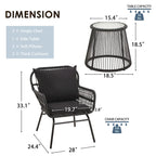 Ensemble de bistro 3 pièces pour terrasse, salon de jardin en rotin d'extérieur avec table en verre et 2 fauteuils larges, coussins d'assise