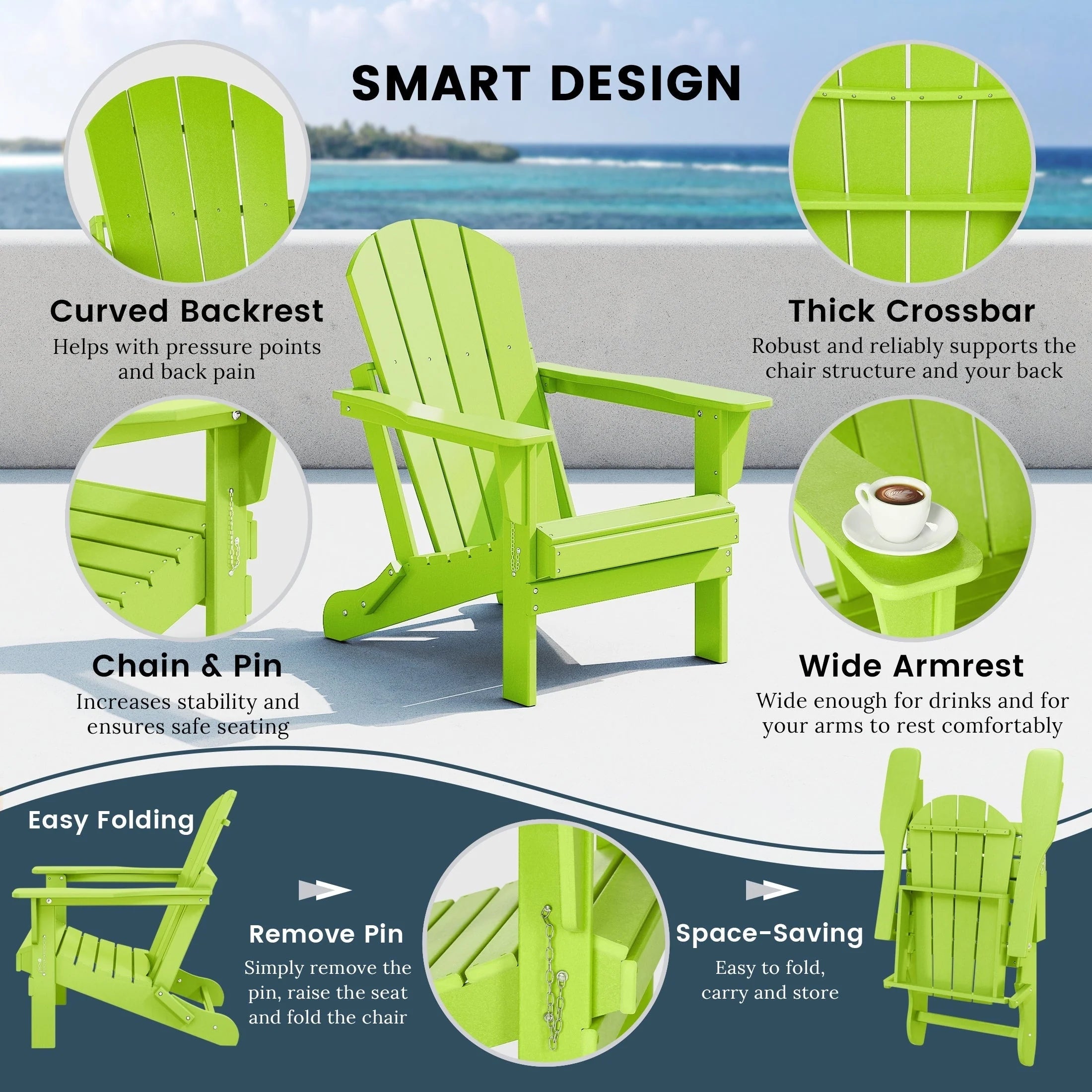 Chaise Adirondack pliante de patio d'extérieur tout temps résistante à la décoloration Polytrends Laguna