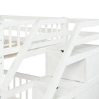 Lit mezzanine en bois double sur grand avec escalier, balustrades hautes et échelle