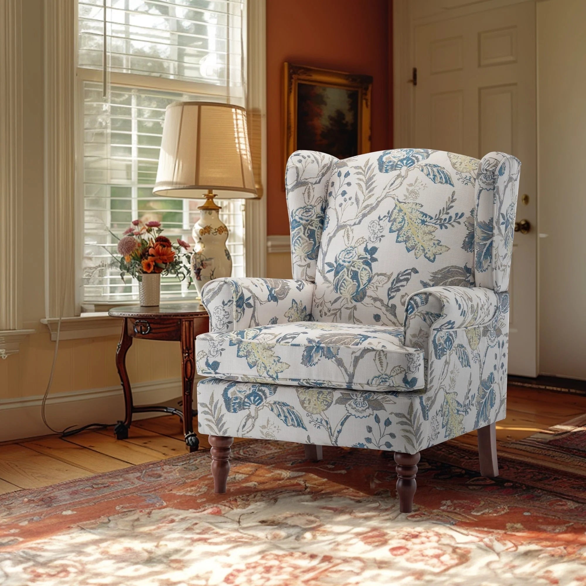 Fauteuil d'appoint moderne Erommy, fauteuil à dossier haut, canapé individuel en tissu capitonné avec pieds en bois pour salon