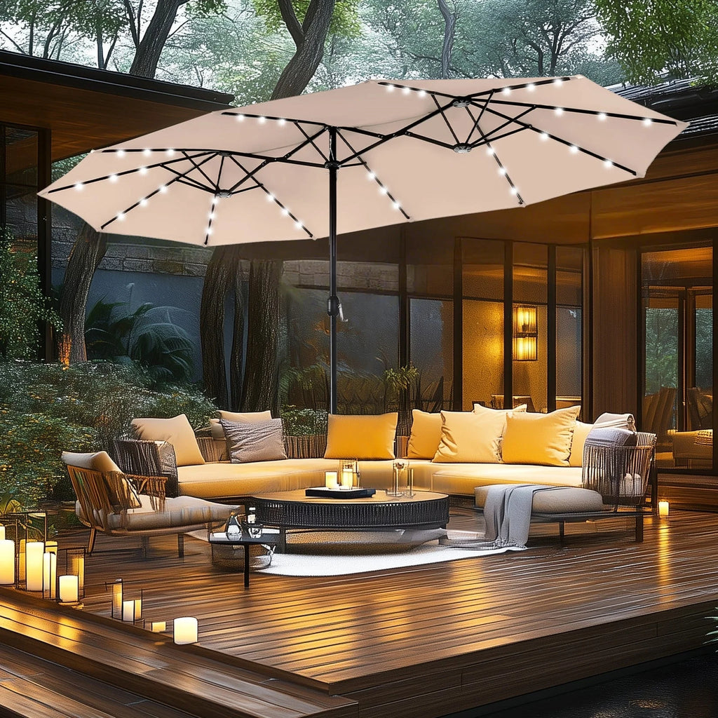MAISON ARTS Parasol de marché extérieur rectangulaire de 4,5 m avec manivelle, double face, lumières LED solaires et base incluse