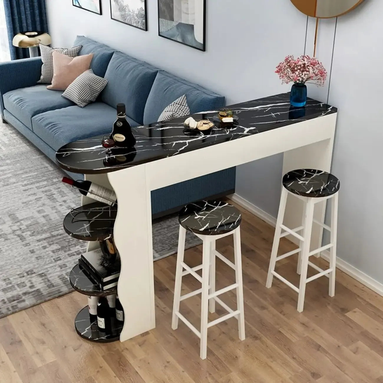 Tables de bar étagères asymétriques en bois noir et blanc modernes