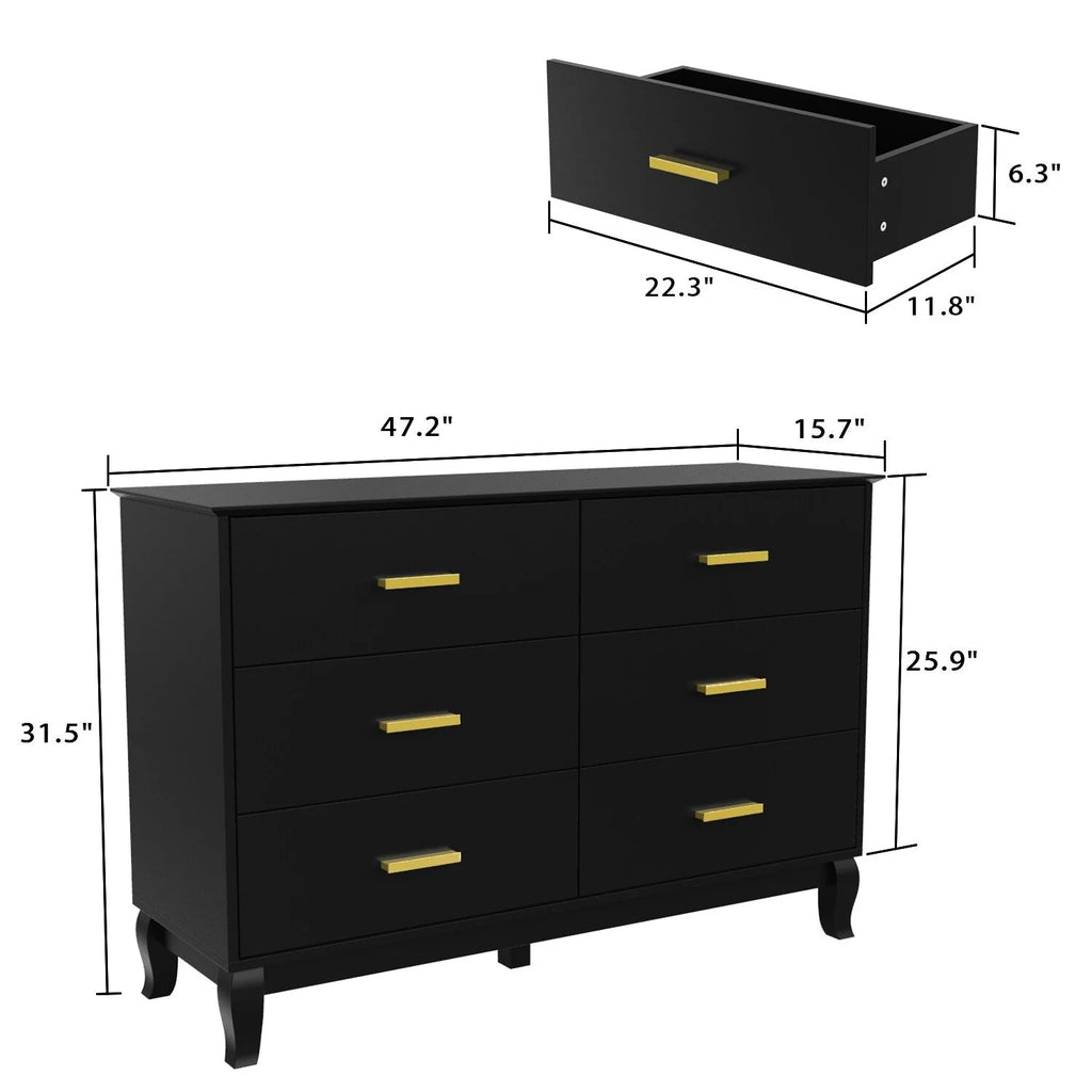 Commode double Timechee à 6 tiroirs, 120 cm de large, pieds en bois massif, finition laquée