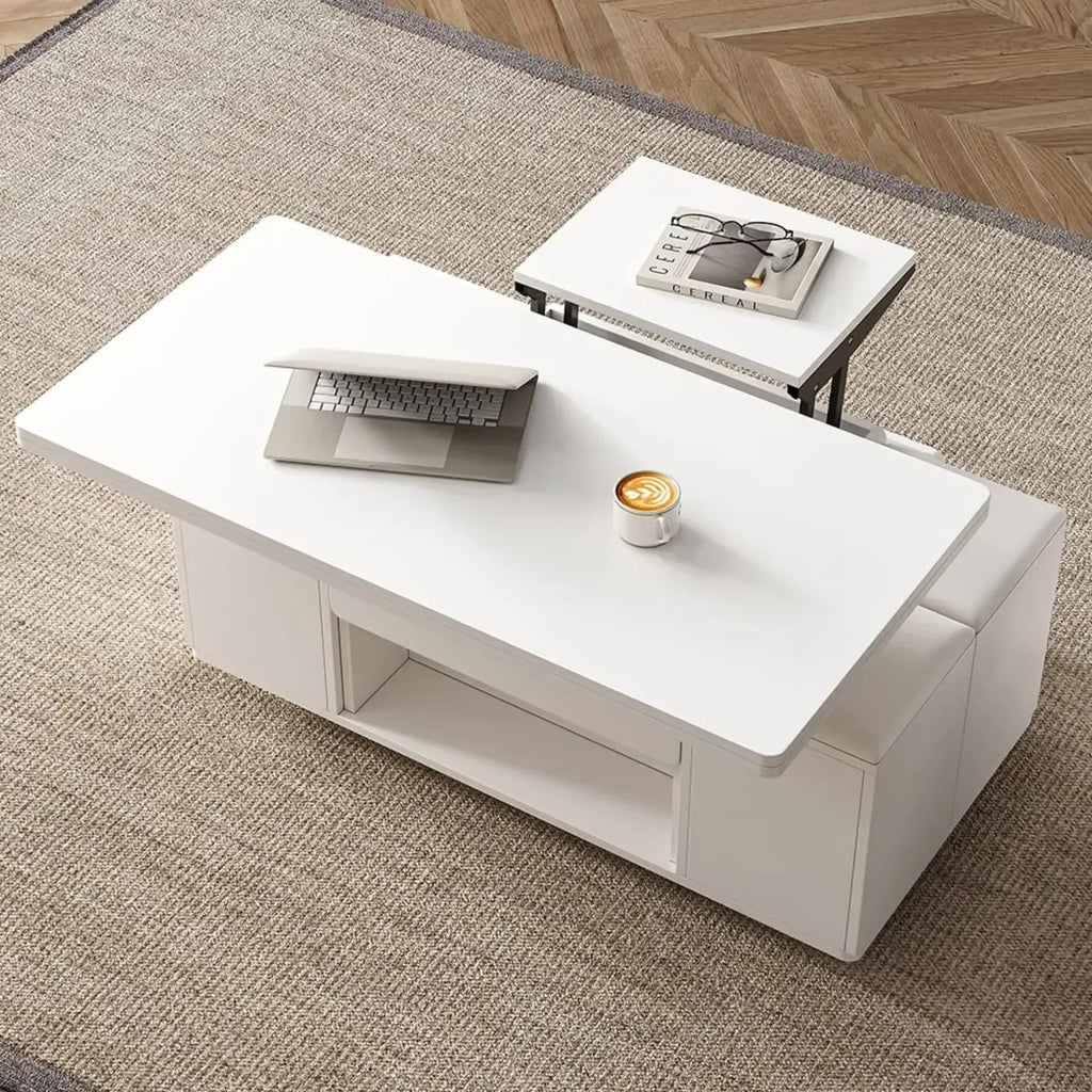 Table basse relevable et pliable avec 4 tabourets et rangement