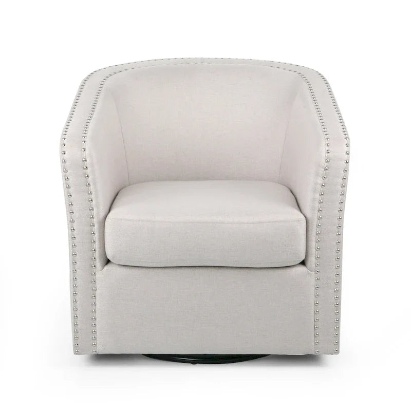 Fauteuil pivotant, style baril rond classique, tissu beige blé