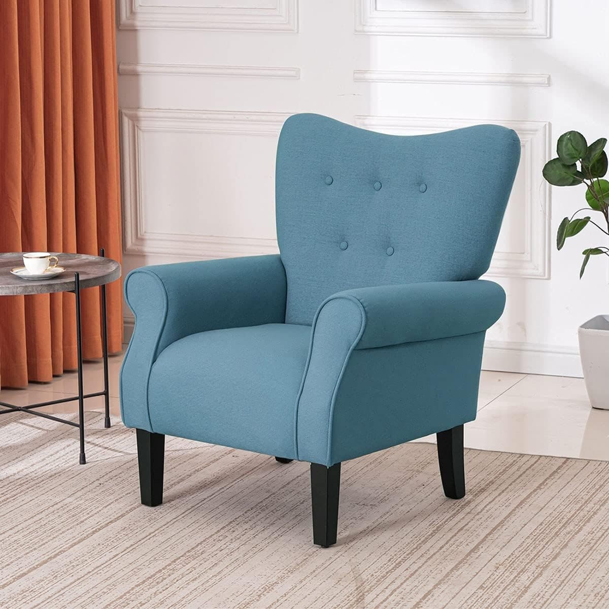Fauteuil d'appoint moderne Erommy, fauteuil à dossier haut, canapé individuel en tissu capitonné avec pieds en bois pour salon