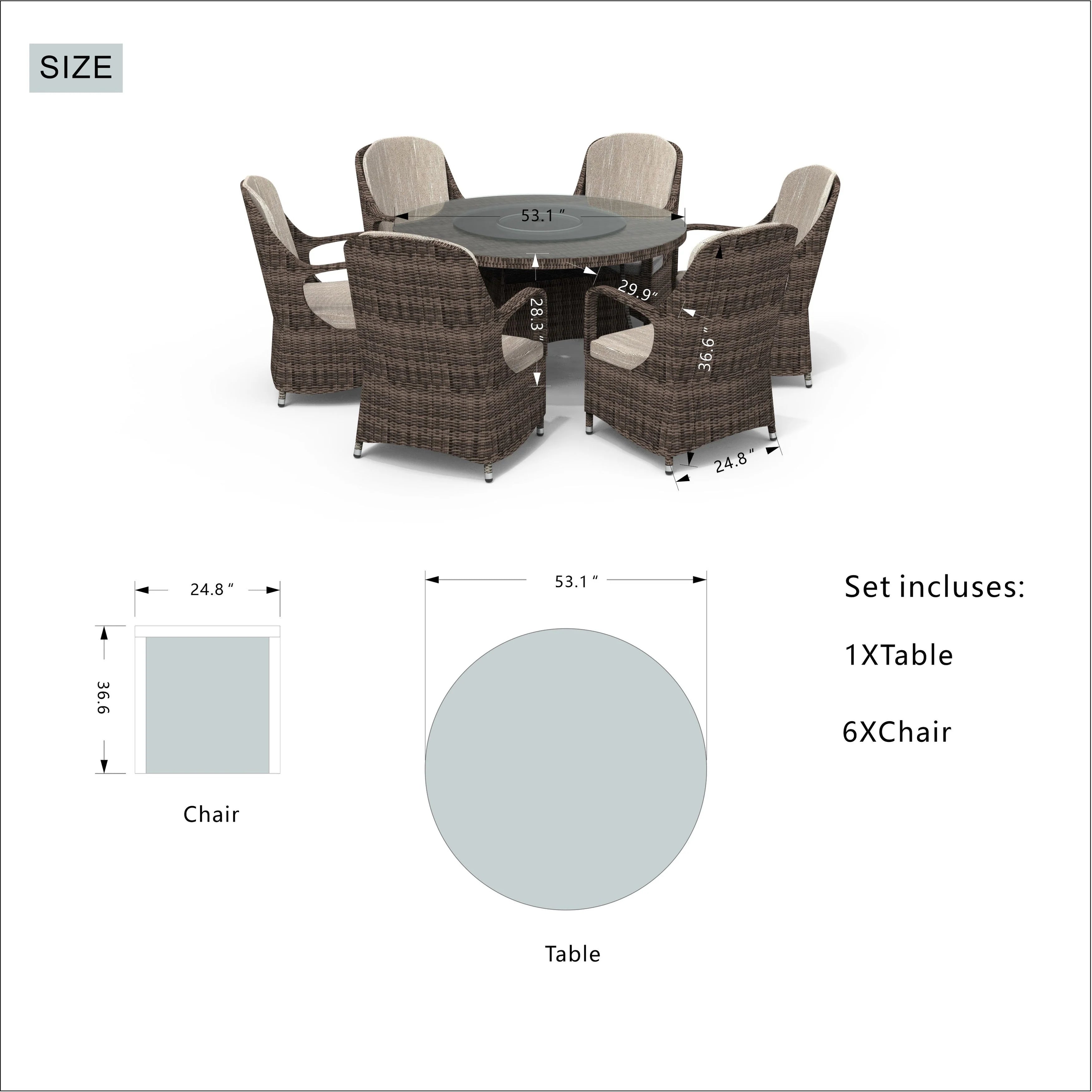 Ensemble de salle à manger rond 7 pièces en rotin tressé d'extérieur avec coussins de Moda Furnishings