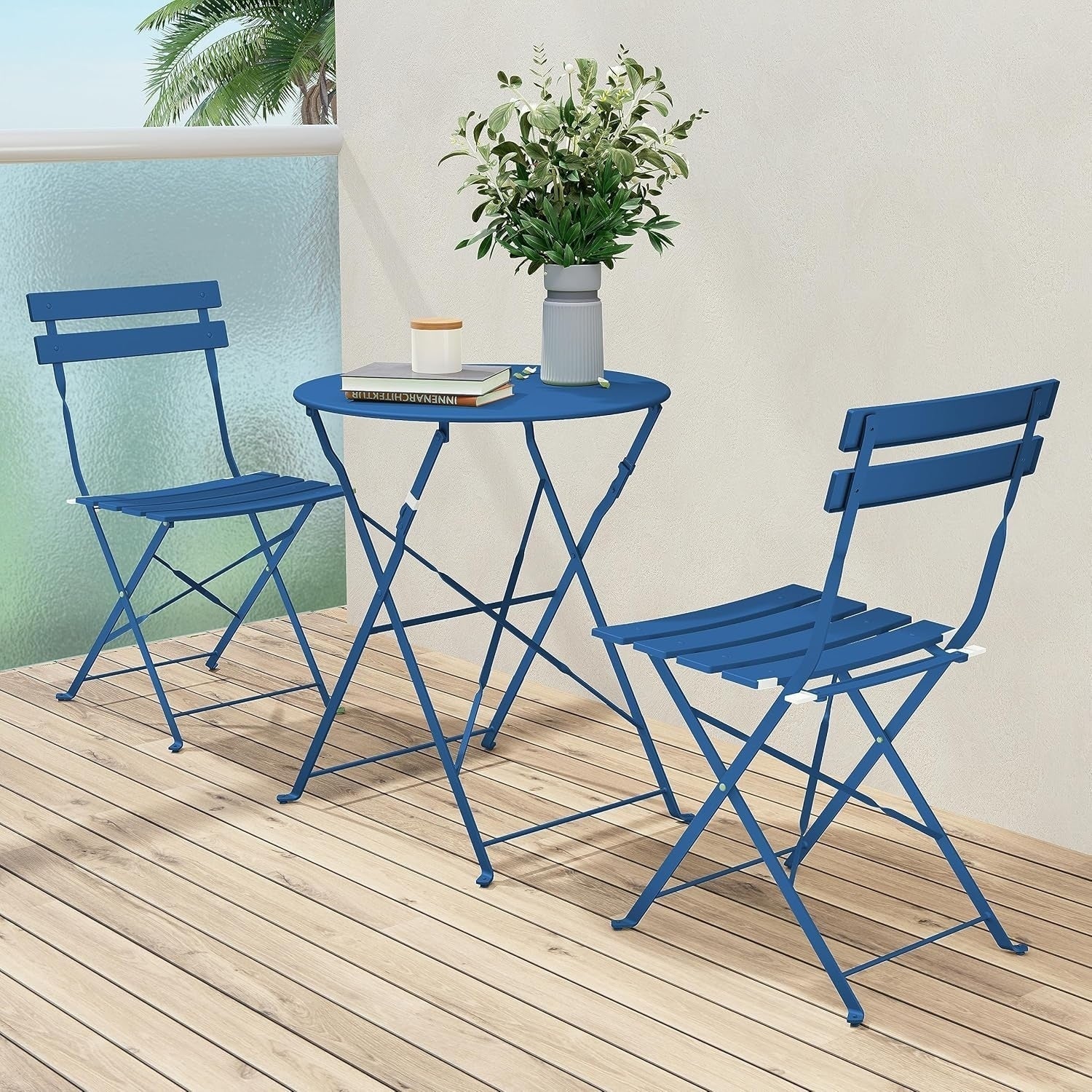 Ensemble bistrot pliant en métal 3 pièces, salon de conversation intérieur/extérieur résistant aux intempéries pour patio, cour, jardin