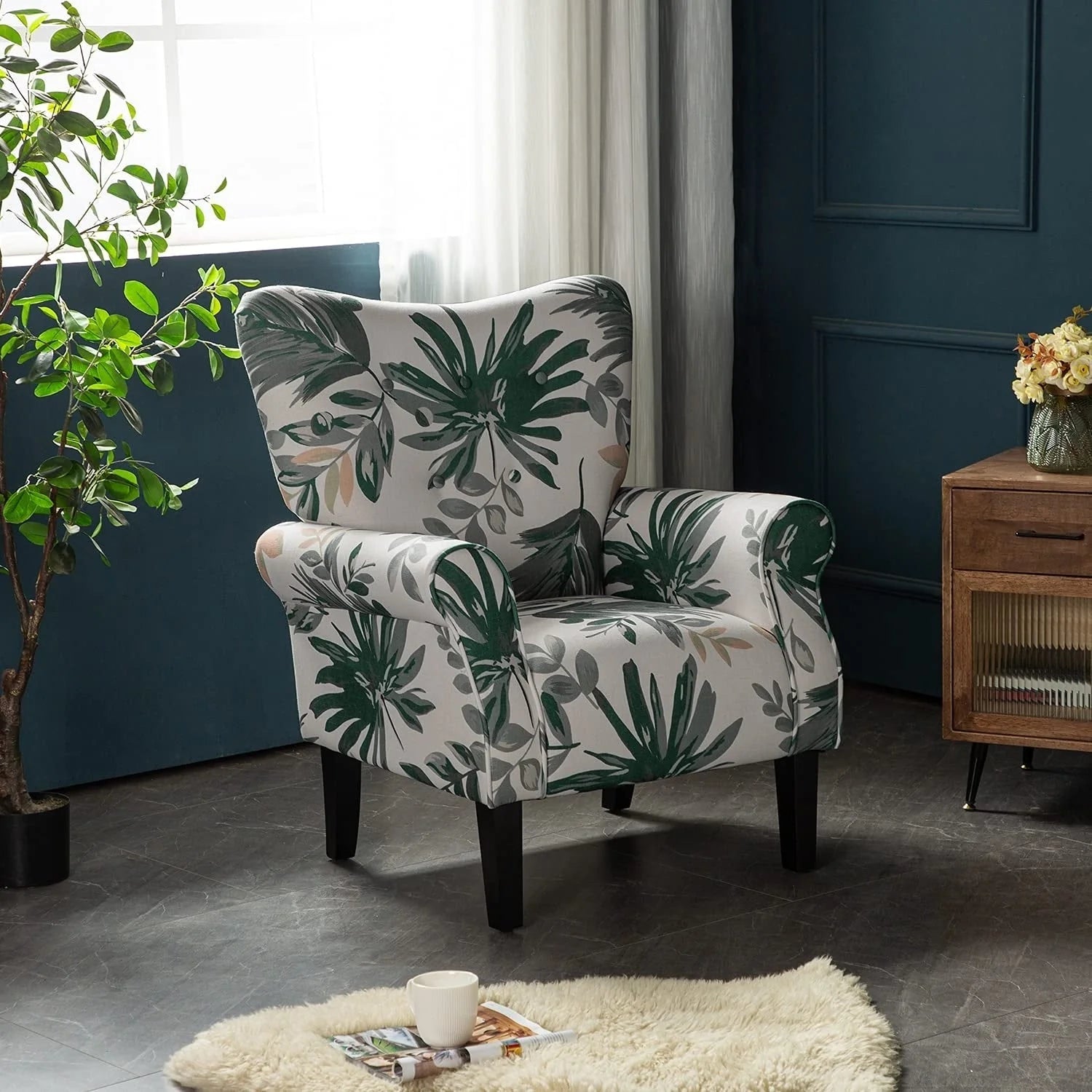 Fauteuil d'appoint moderne Erommy, fauteuil à dossier haut, canapé individuel en tissu capitonné avec pieds en bois pour salon