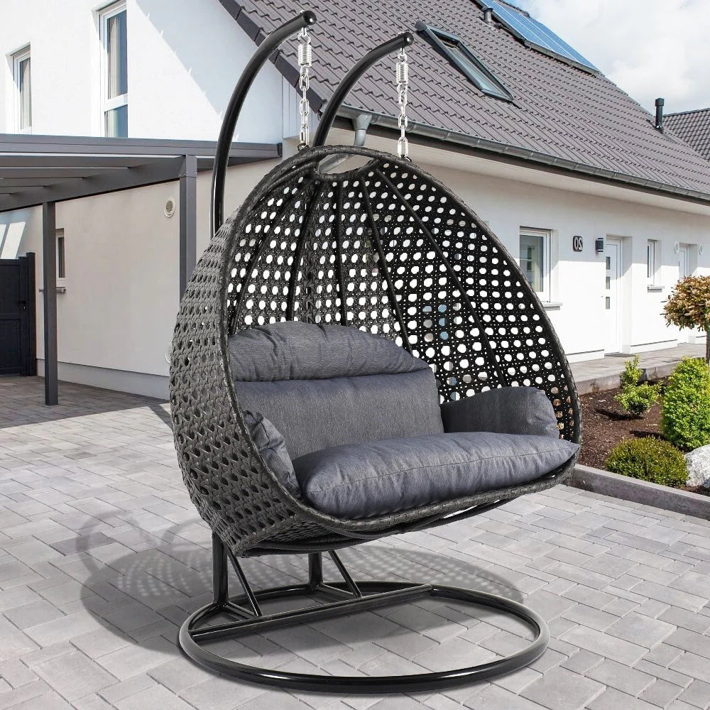 LeisureMod Fauteuil suspendu œuf 2 places avec support - Balançoire hamac de patio en rotin osier intérieur/extérieur avec coussins