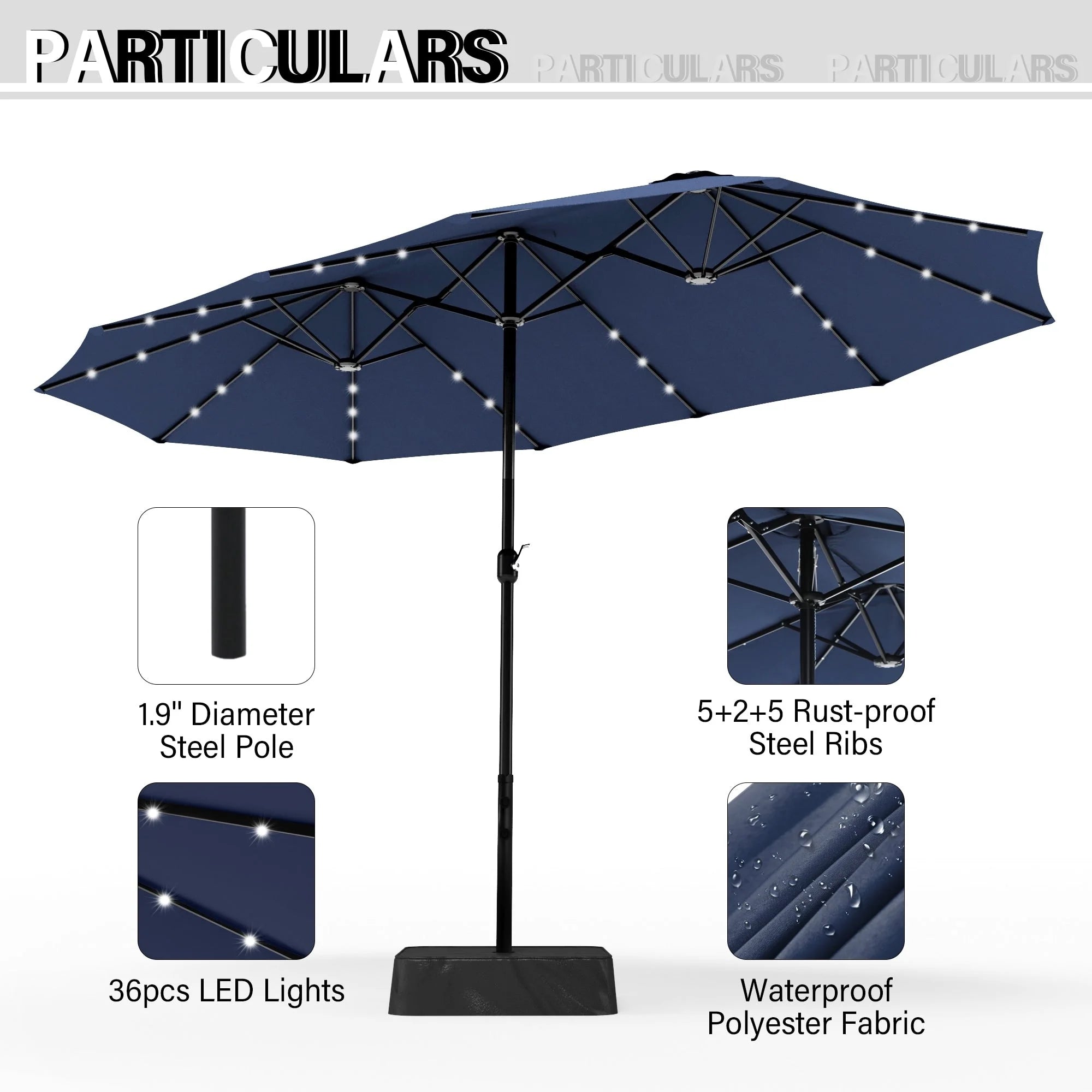 MAISON ARTS Parasol de marché extérieur rectangulaire de 4,5 m avec manivelle, double face, lumières LED solaires et base incluse