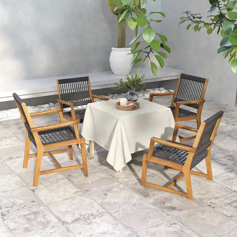 Chaises de salle à manger Gymax Patio 4 pièces en bois d'acacia avec corde tressée résistante aux intempéries