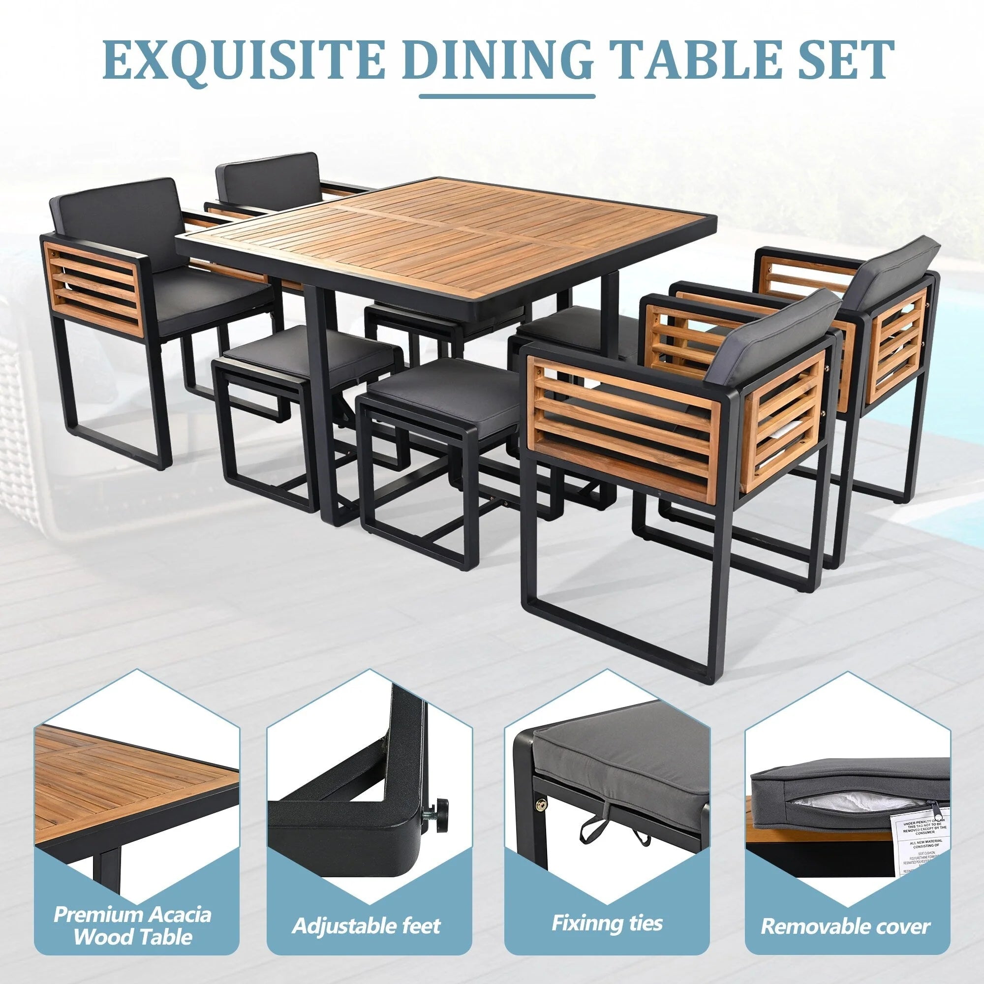 Ensemble de salle à manger de patio en bois d'acacia de 18 pièces, 8 chaises coussinées et 8 poufs et 2 tables carrées