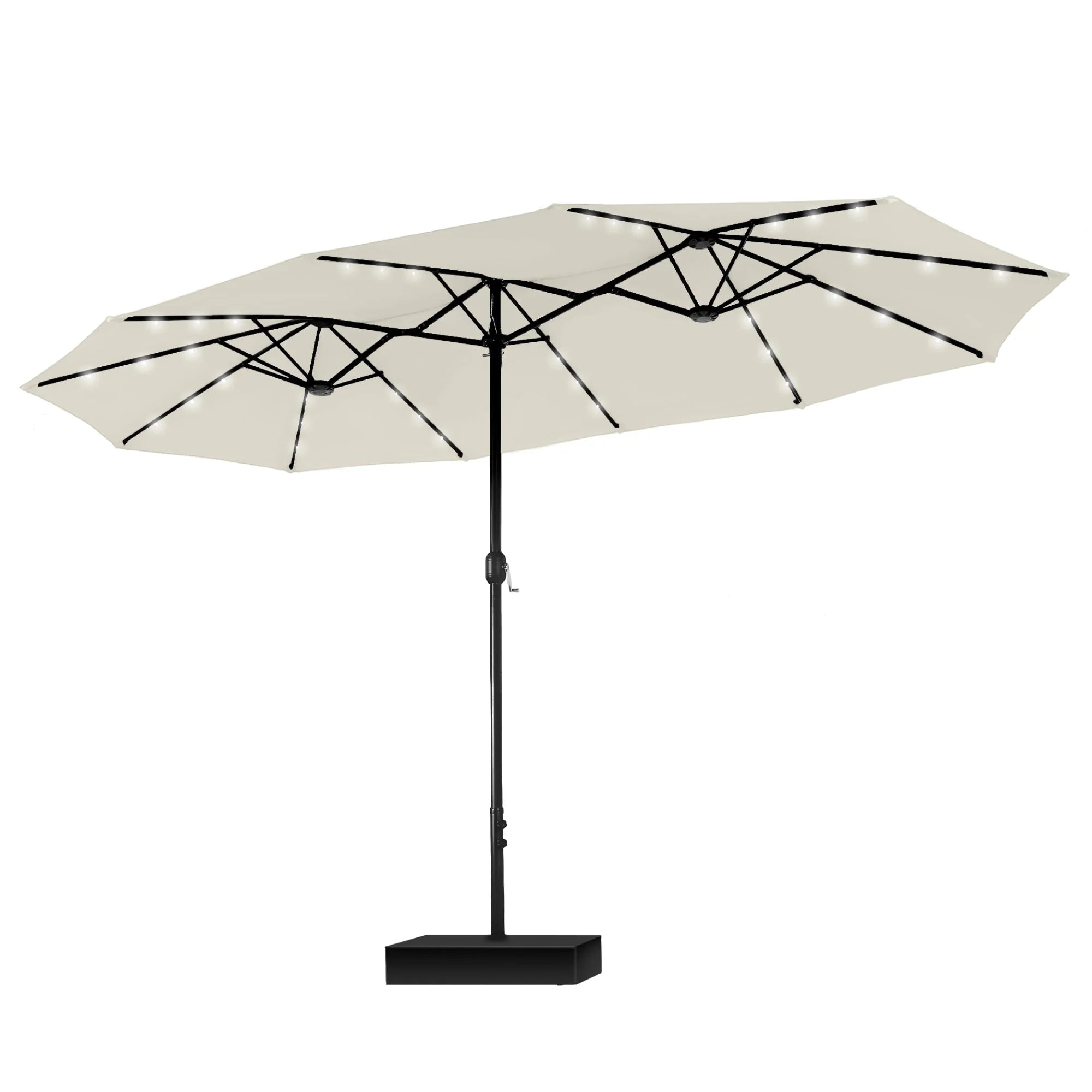 MAISON ARTS Parasol de marché extérieur rectangulaire de 4,5 m avec manivelle, double face, lumières LED solaires et base incluse