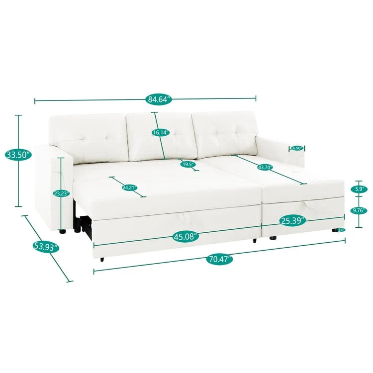 Canapé d'angle réversible convertible avec lit gigogne, méridienne avec rangement dissimulé et pieds durables